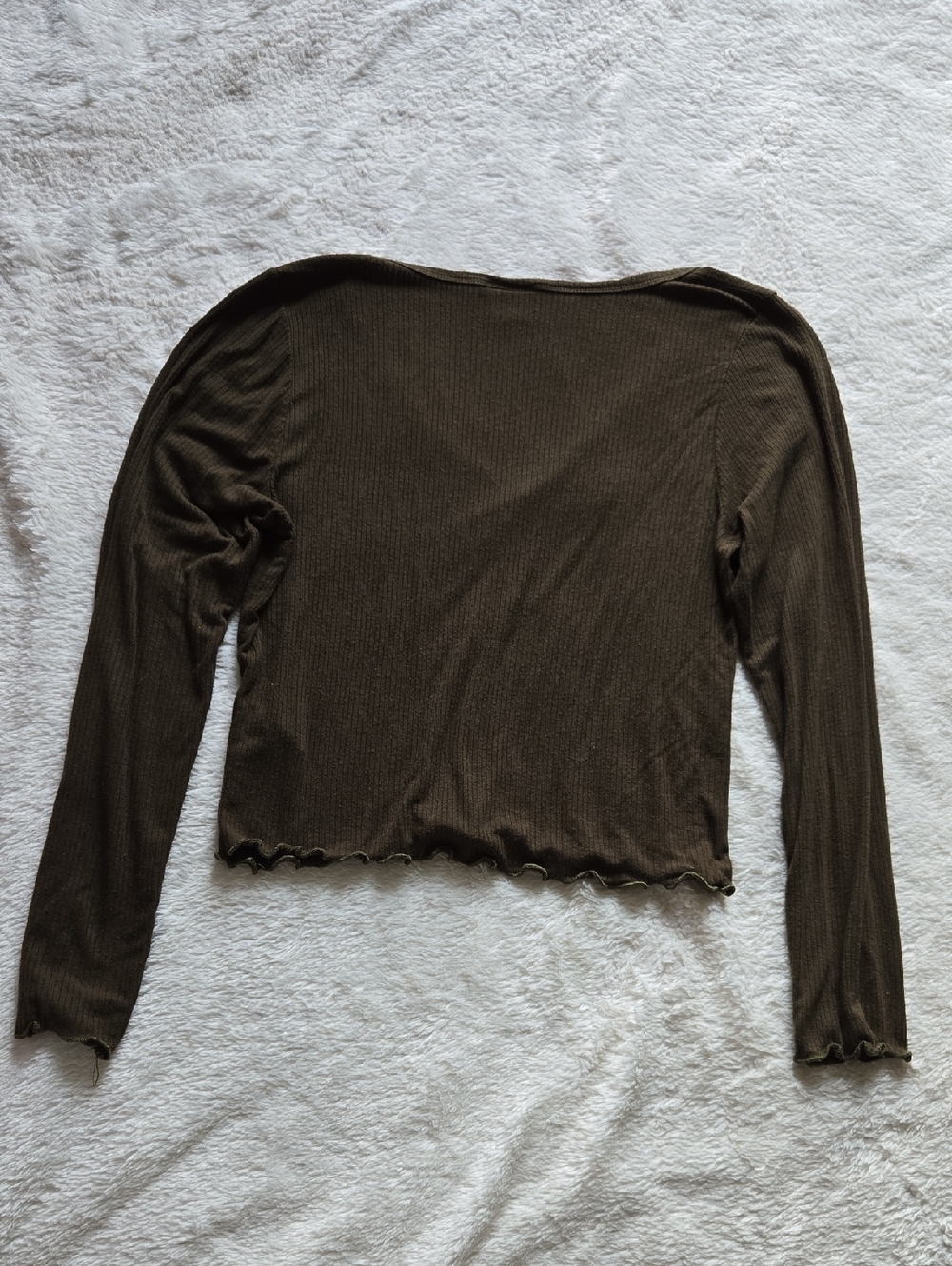Live in the Moment Ribbed Lettuce Edge Top Small Olive Green Faux Button Front - Picture 4 of 11
